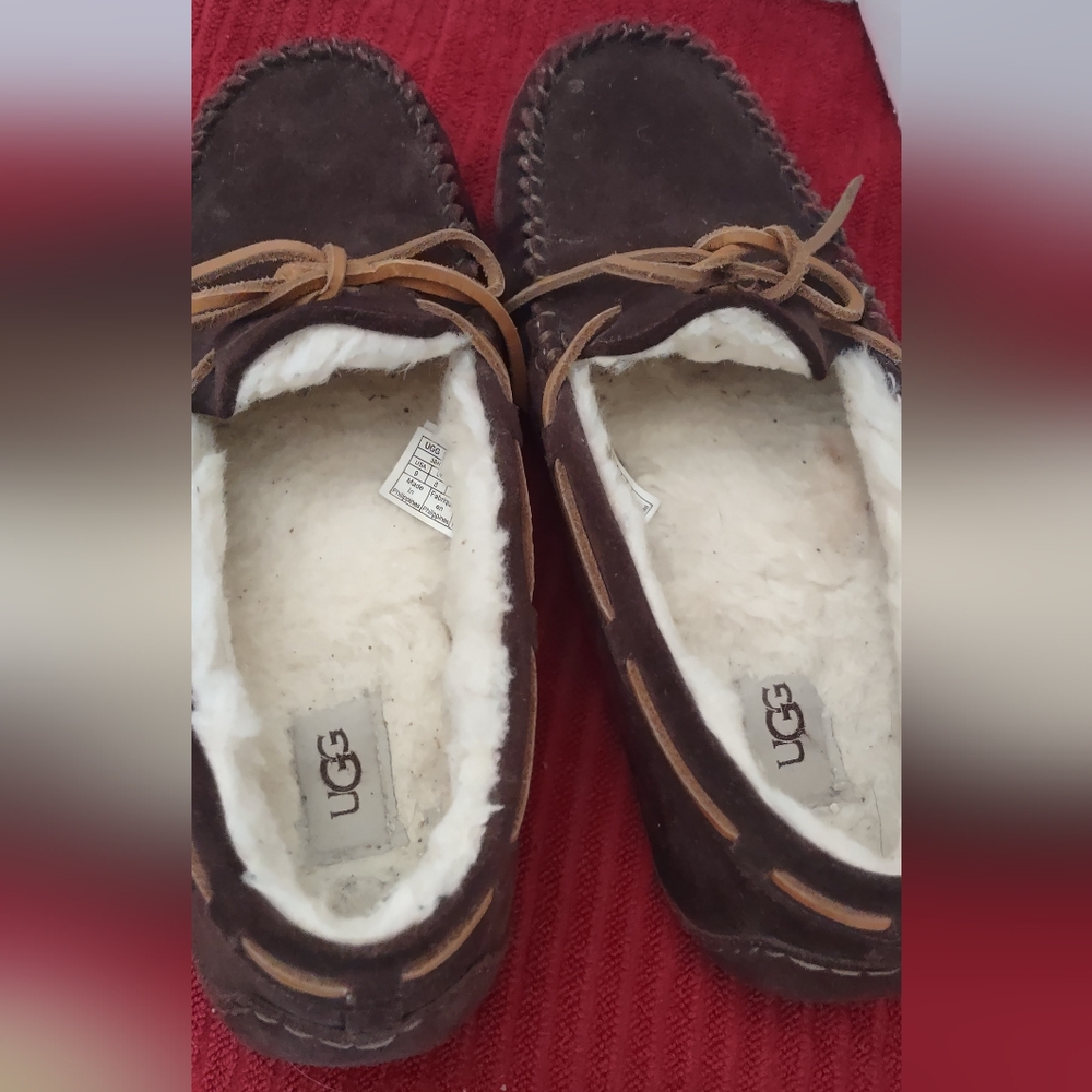 UGG Olsen Slippers Sz 9 Unisex?  EUC Brown Suede Sherpa Hard Sole Inside Outside